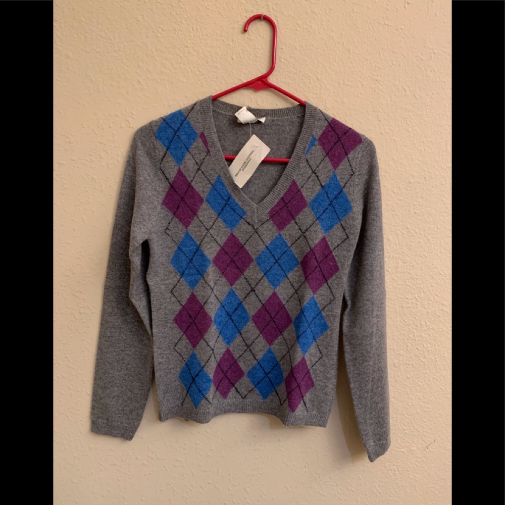 NWT TWEEDS 2 PLY CASHMERE Argyle V Neck Sweater Small  Gray